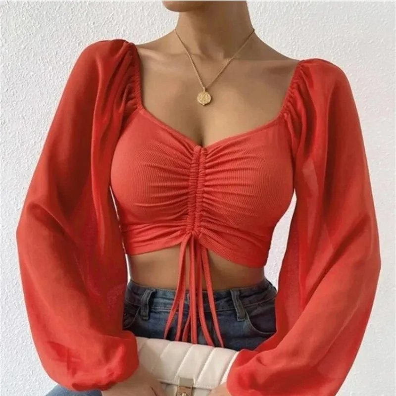 Crop Tops Drawstring V-Neck Lantern Sleeve