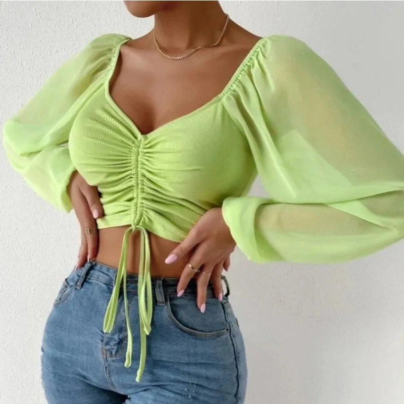 Crop Tops Drawstring V-Neck Lantern Sleeve