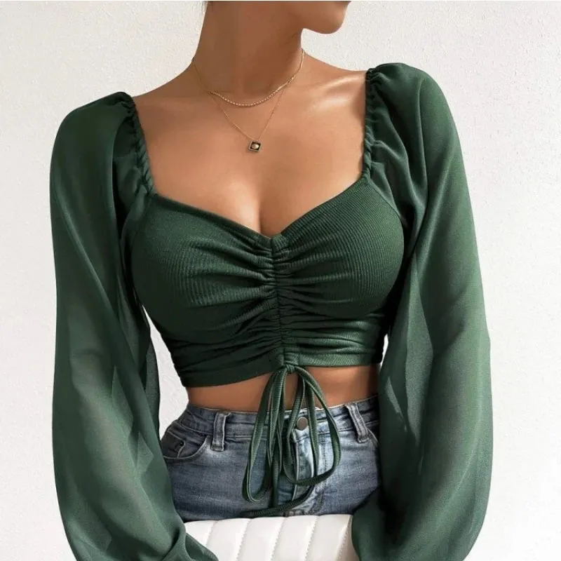 Crop Tops Drawstring V-Neck Lantern Sleeve