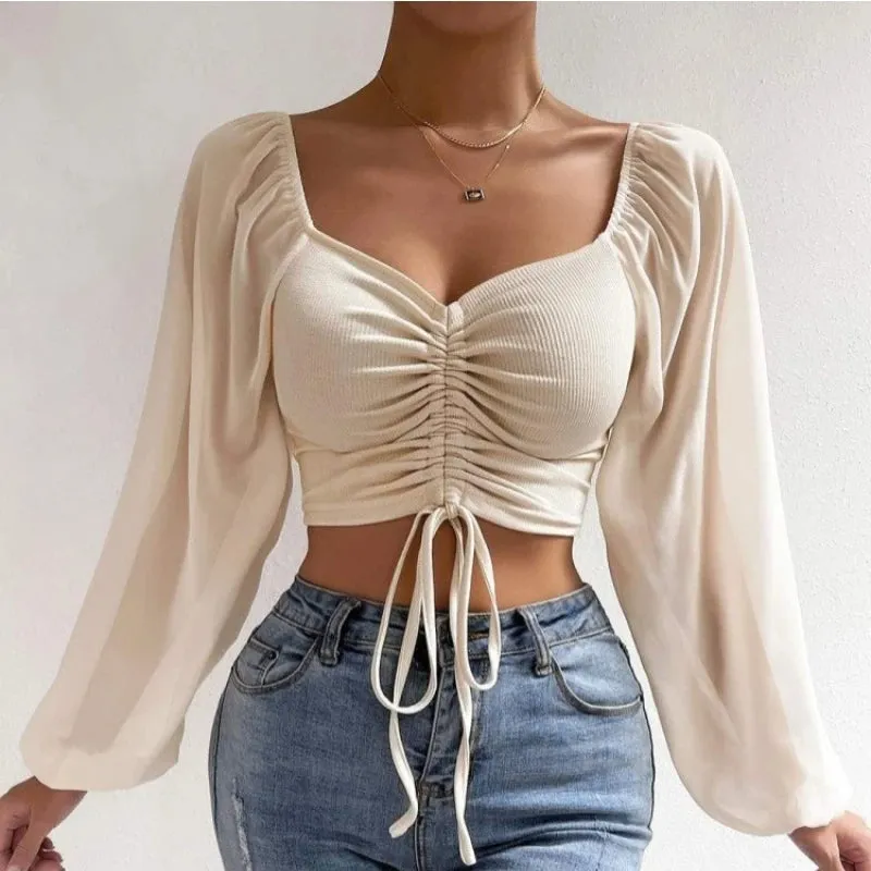 Crop Tops Drawstring V-Neck Lantern Sleeve
