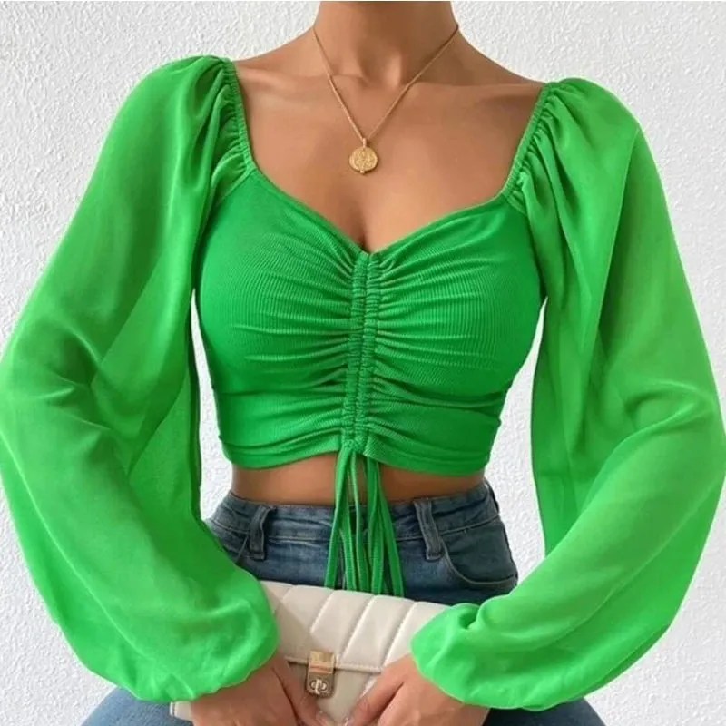 Crop Tops Drawstring V-Neck Lantern Sleeve