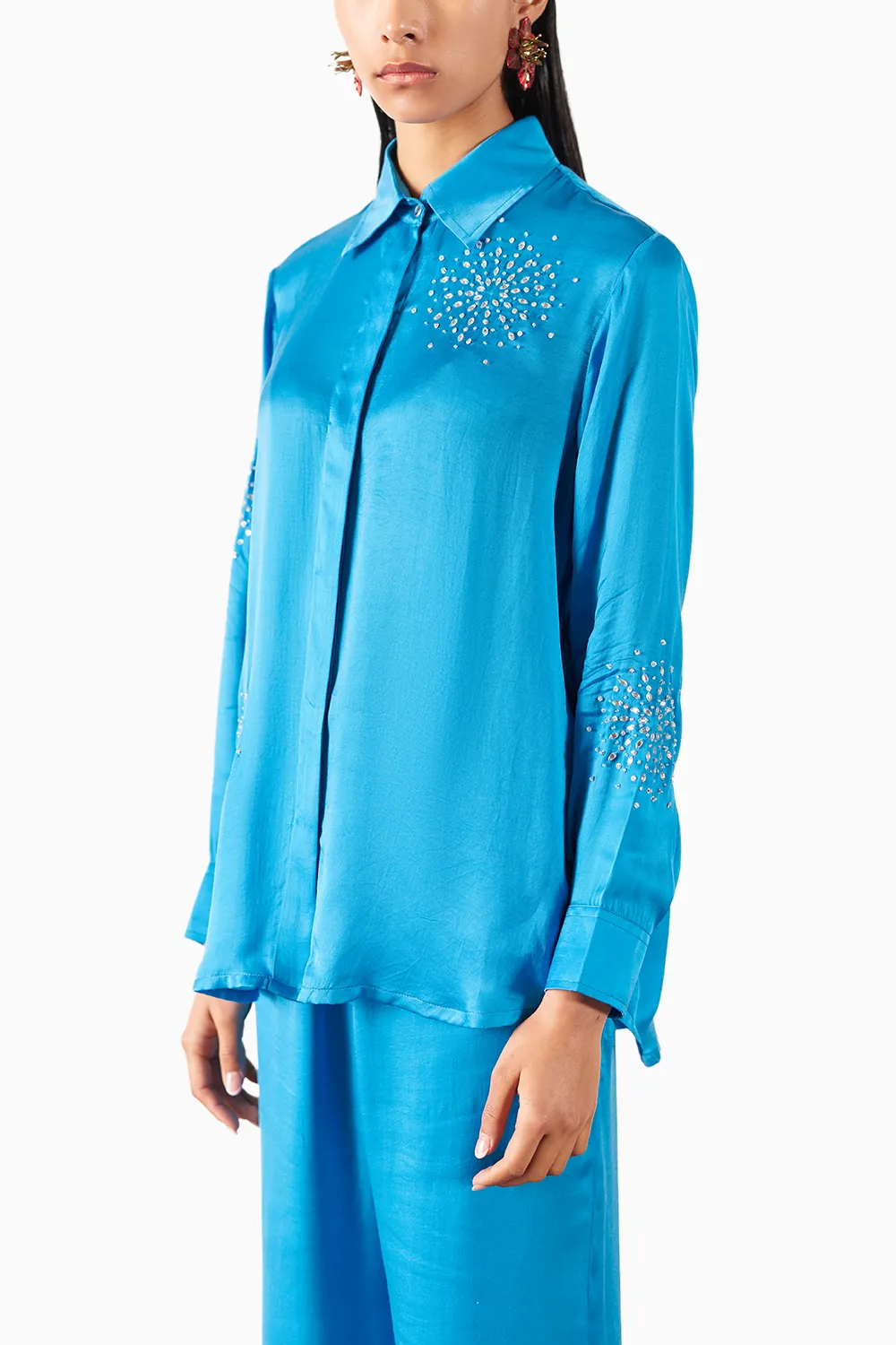 Cyan Brunia Shirt And Trousers Co-Ord