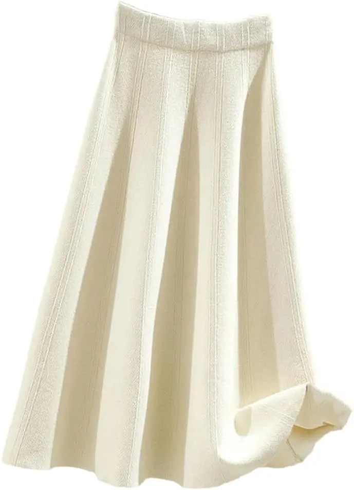DBFBDTU Women's Autumn Thick Large Swing Knitted Long Skirt Pleated Skirt High Waist A-Line Midi Skirt