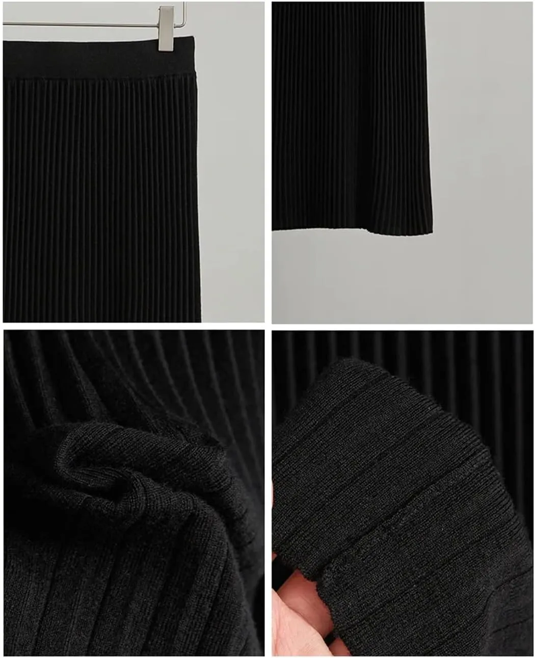 Deepsko Women's Wool Knitted Skirt Elastic Waist Pleated Warm A-Line Solid Color Midi Skirts