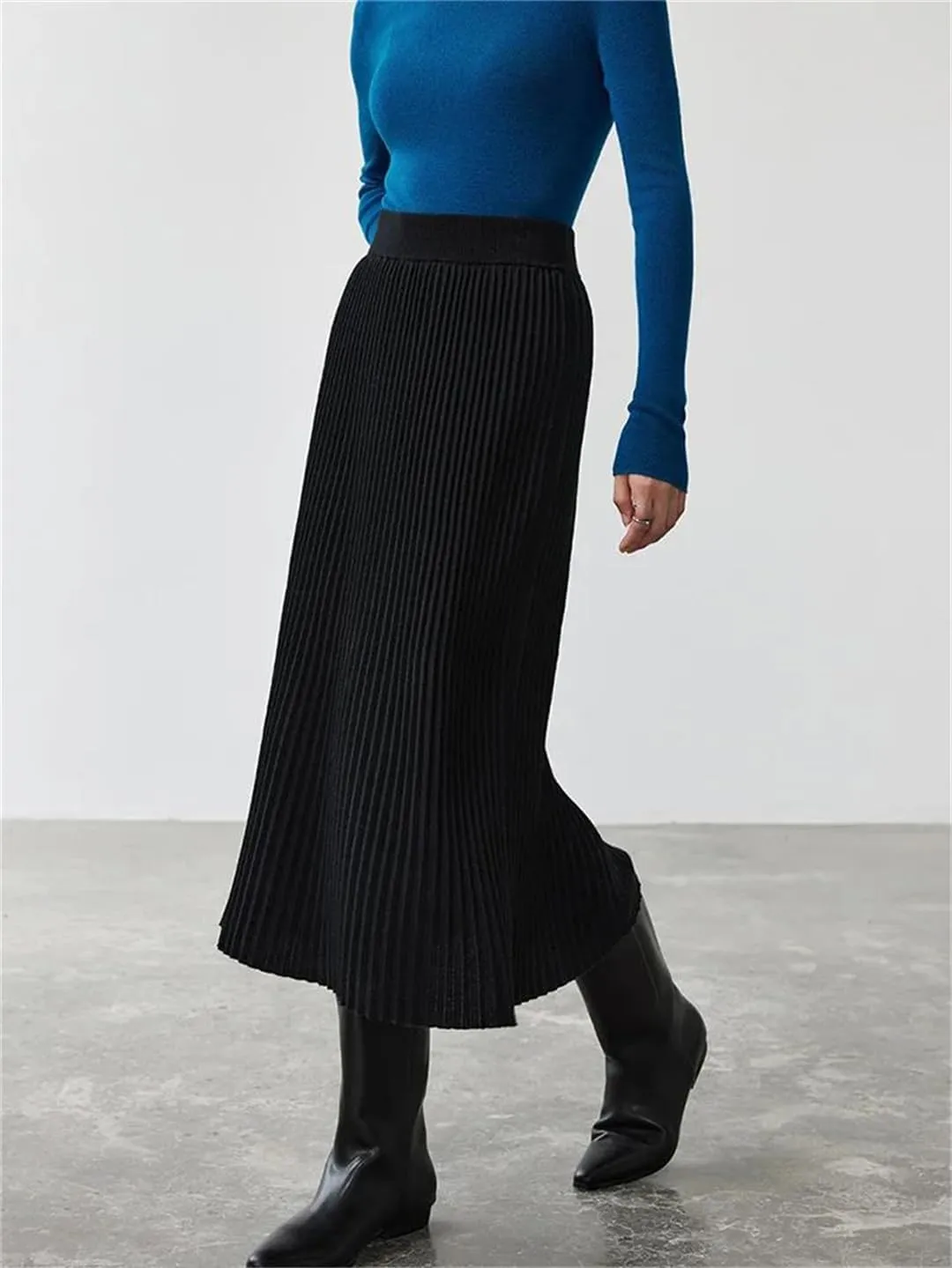Deepsko Women's Wool Knitted Skirt Elastic Waist Pleated Warm A-Line Solid Color Midi Skirts