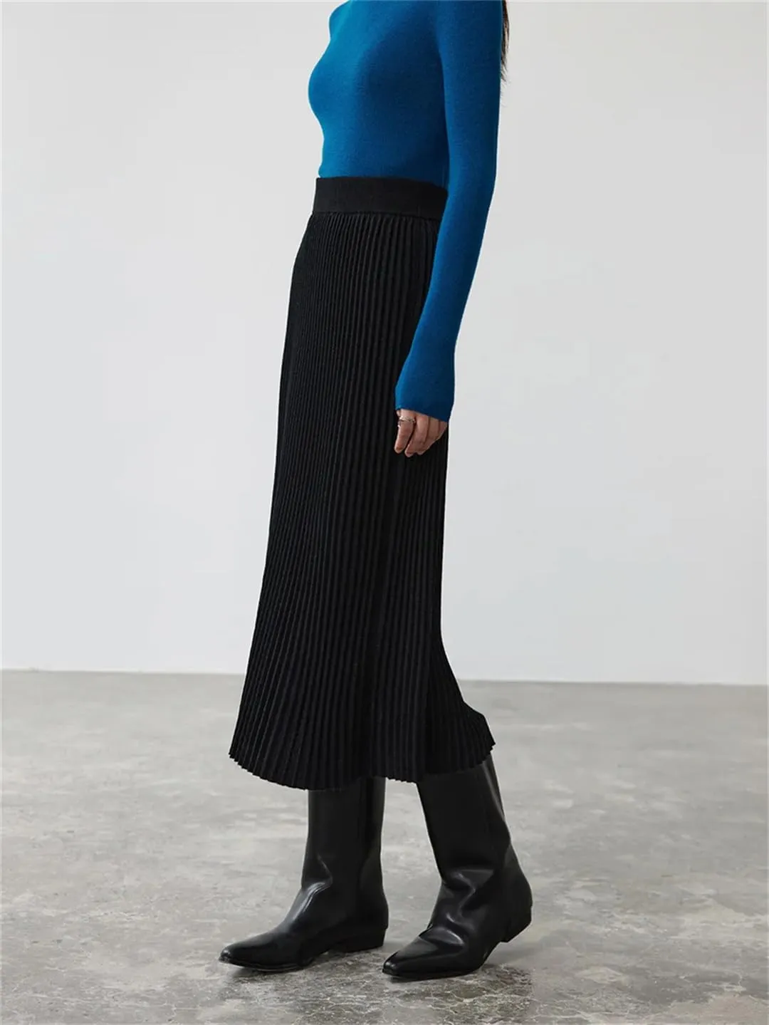 Deepsko Women's Wool Knitted Skirt Elastic Waist Pleated Warm A-Line Solid Color Midi Skirts