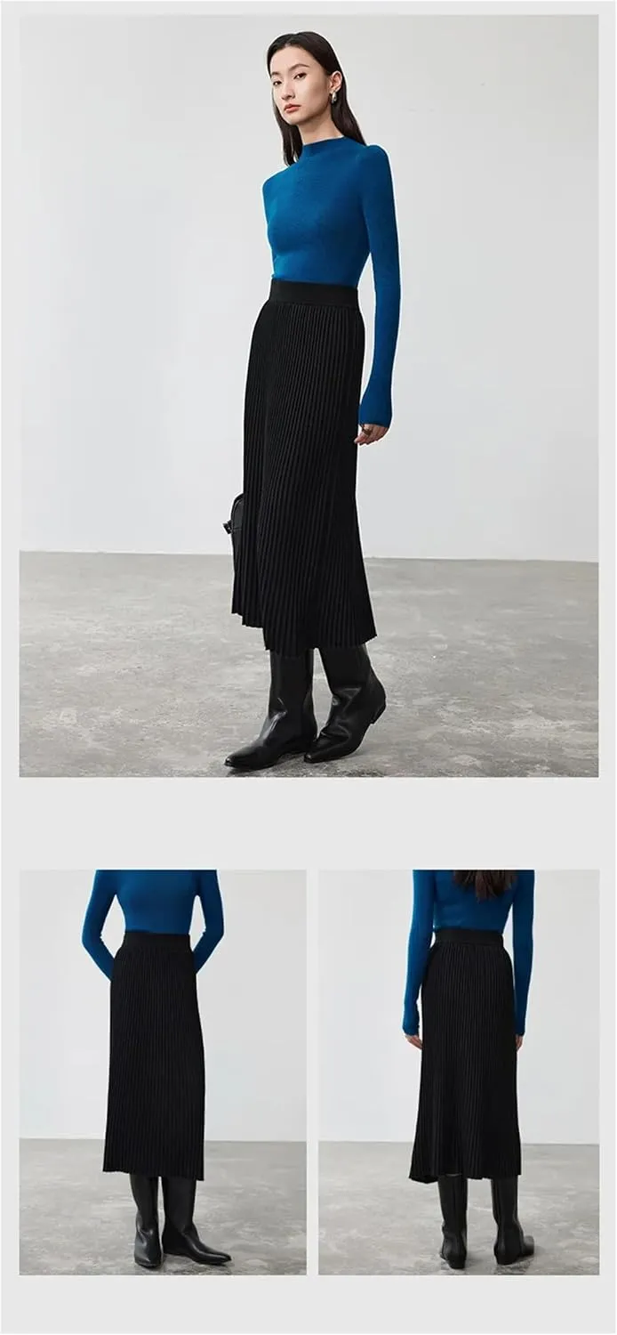 Deepsko Women's Wool Knitted Skirt Elastic Waist Pleated Warm A-Line Solid Color Midi Skirts