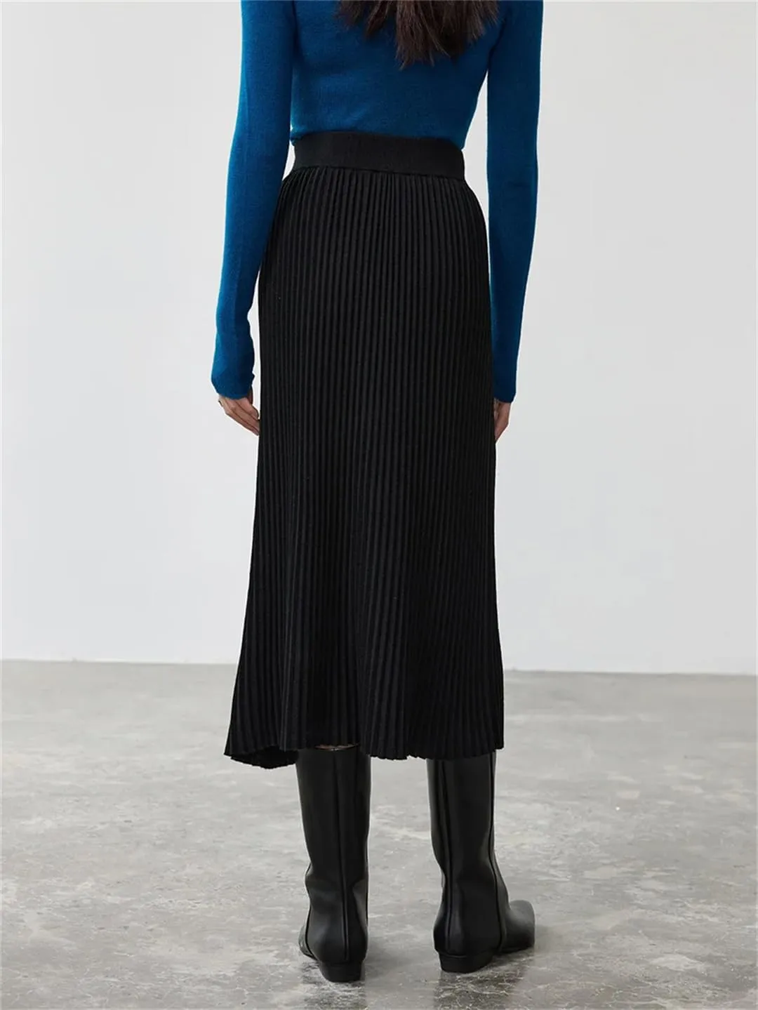 Deepsko Women's Wool Knitted Skirt Elastic Waist Pleated Warm A-Line Solid Color Midi Skirts