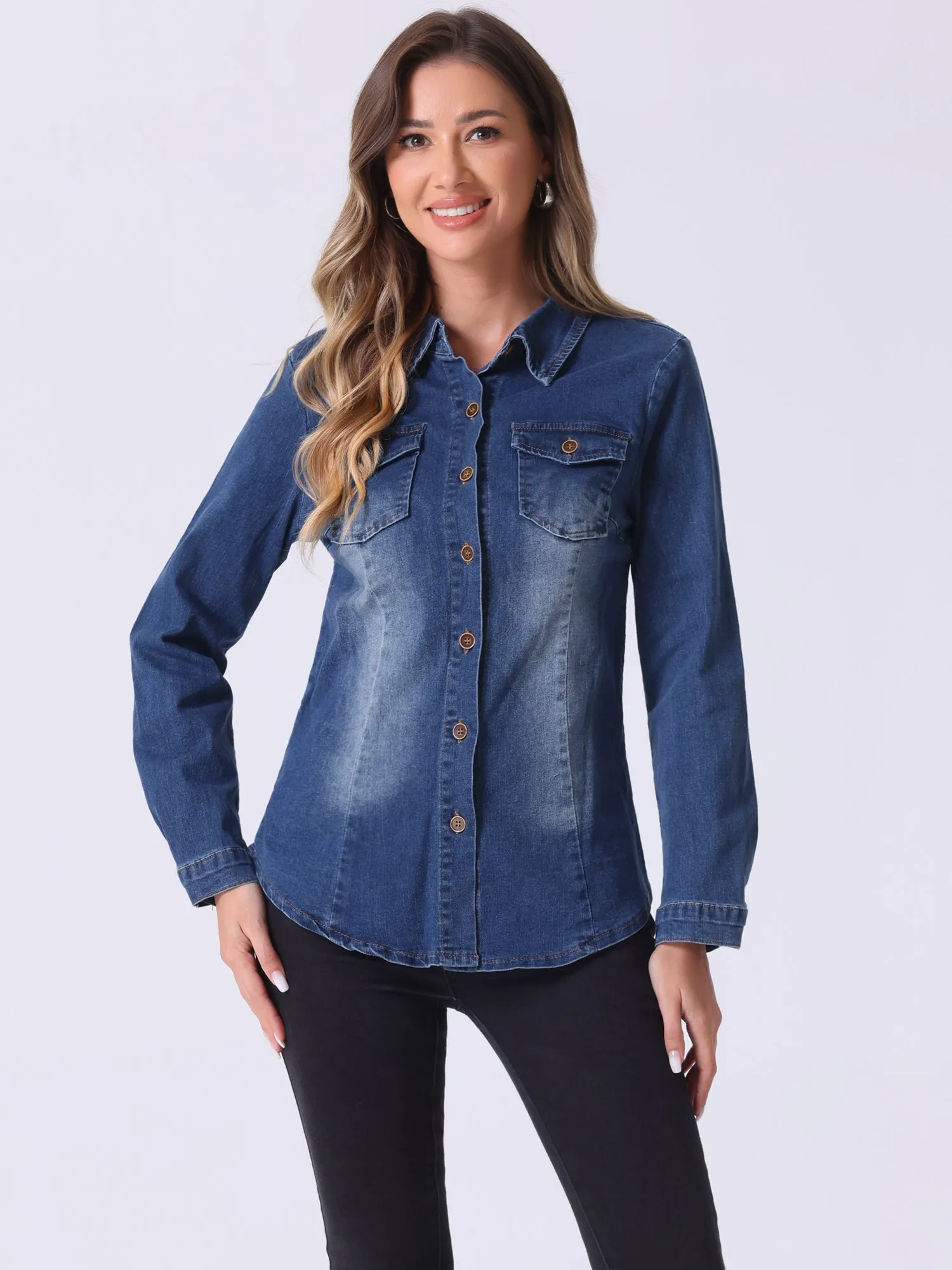 Denim Long Sleeve Button Down Pocket Trendy Jean Shirts