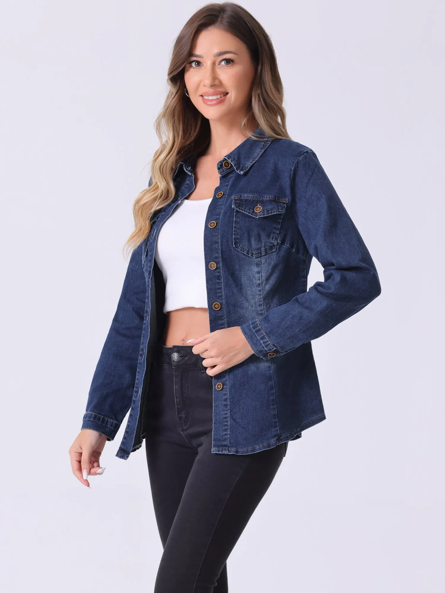 Denim Long Sleeve Button Down Pocket Trendy Jean Shirts