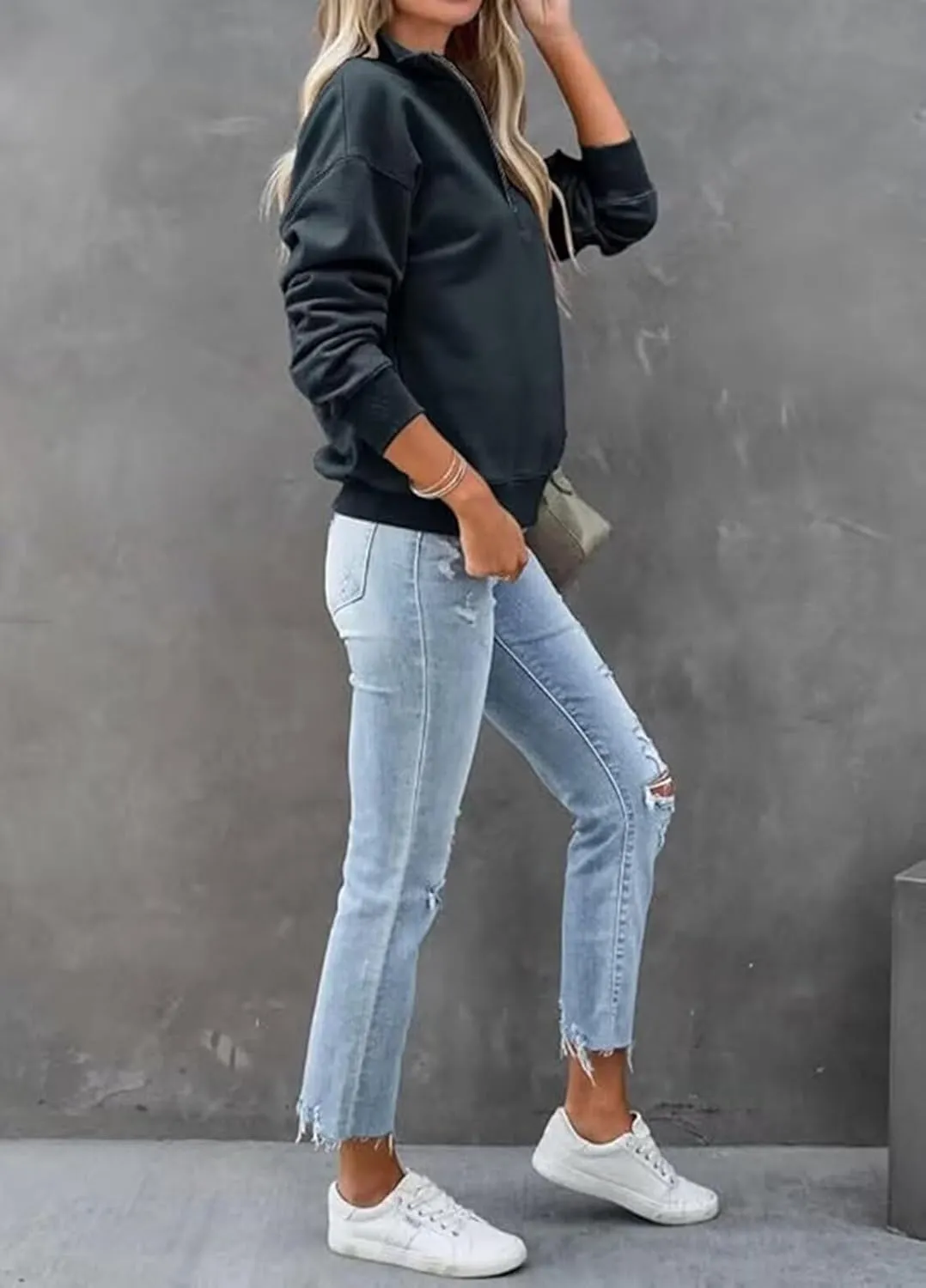 Dressmine Womens Quarter Zip Pullover Casual Long Sleeve Shirts Half Zip Sweatshirt Trendy Clothes