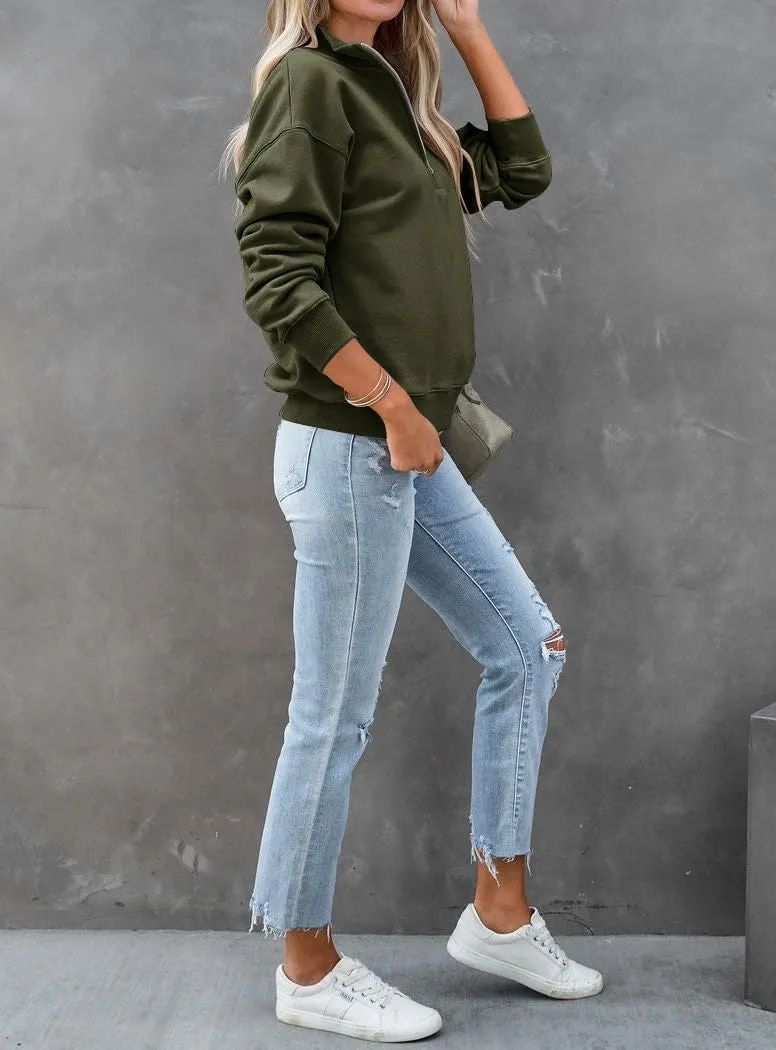Dressmine Womens Quarter Zip Pullover Casual Long Sleeve Shirts Half Zip Sweatshirt Trendy Clothes