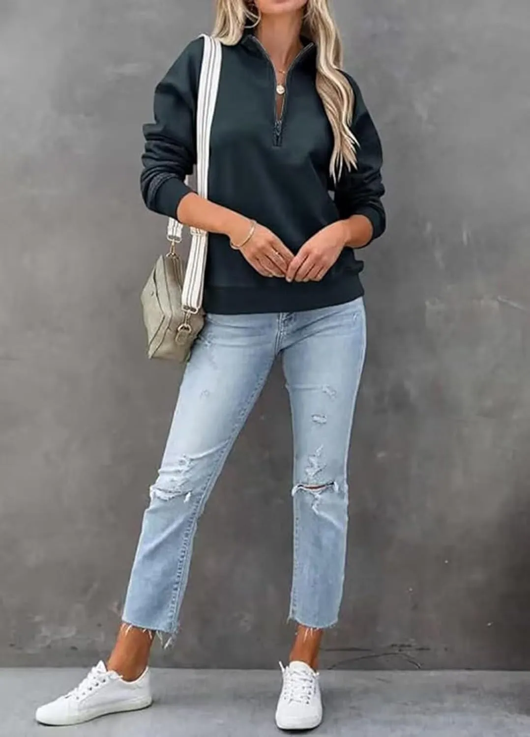 Dressmine Womens Quarter Zip Pullover Casual Long Sleeve Shirts Half Zip Sweatshirt Trendy Clothes