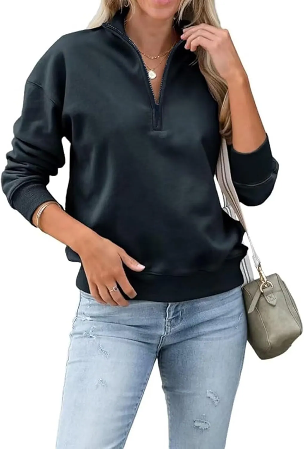 Dressmine Womens Quarter Zip Pullover Casual Long Sleeve Shirts Half Zip Sweatshirt Trendy Clothes