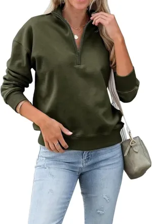Dressmine Womens Quarter Zip Pullover Casual Long Sleeve Shirts Half Zip Sweatshirt Trendy Clothes