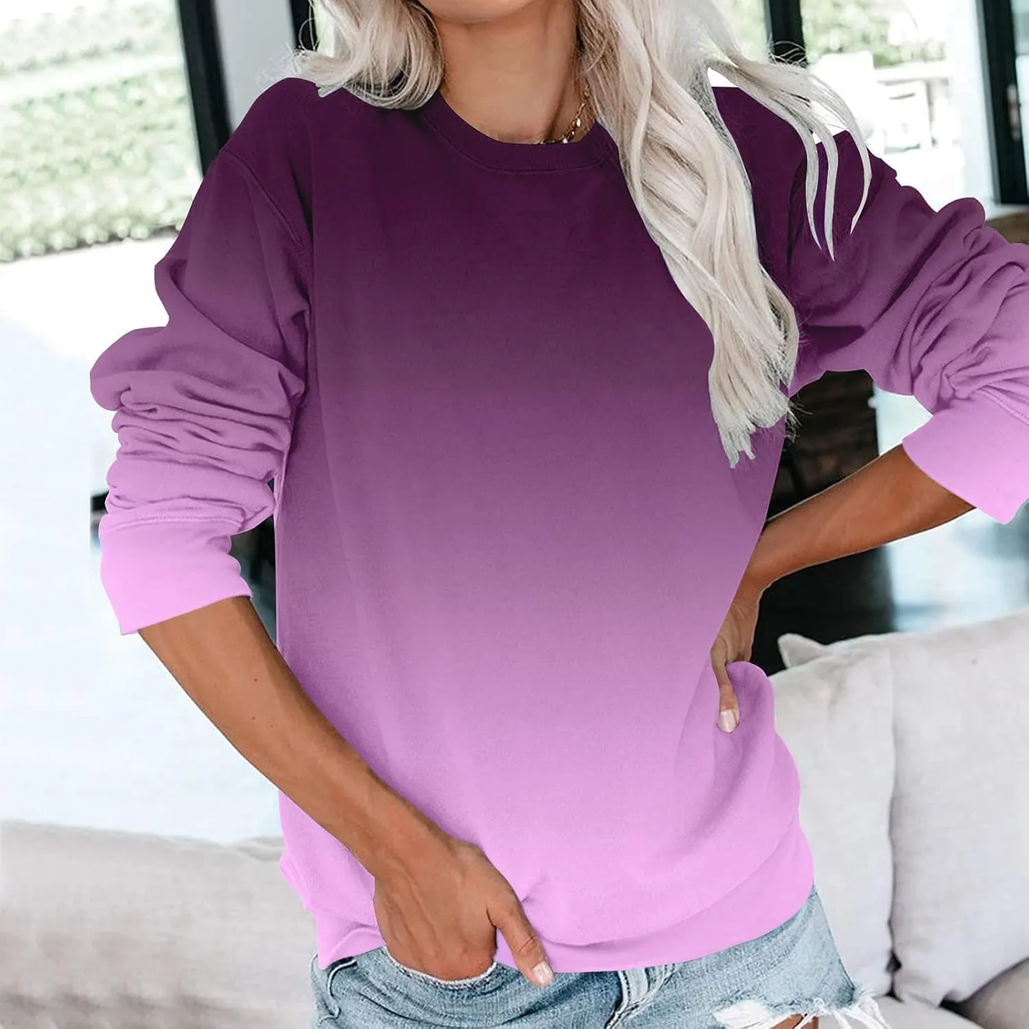 Fall Sweatshirts for Women Trendy, Womens Casual Crewneck Sweatshirts Long Sleeve Cute Tunic Tops Loose Fitting Pullover Top