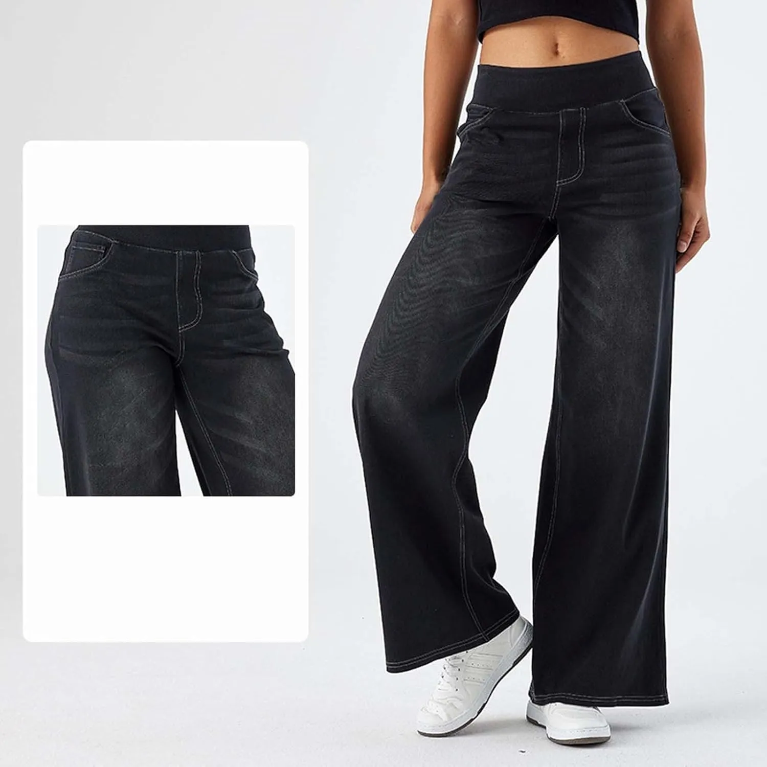 fanmpghleoo Wide Leg Jeans Woman Pull On Elastic Waist Jeans for Women Trendy Boyfriend Jeans Sweatpants That Look Like Jeans