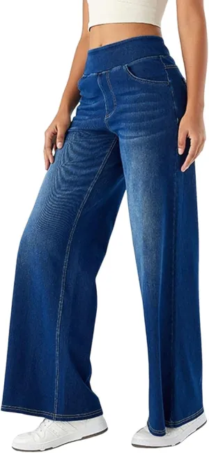 fanmpghleoo Wide Leg Jeans Woman Pull On Elastic Waist Jeans for Women Trendy Boyfriend Jeans Sweatpants That Look Like Jeans