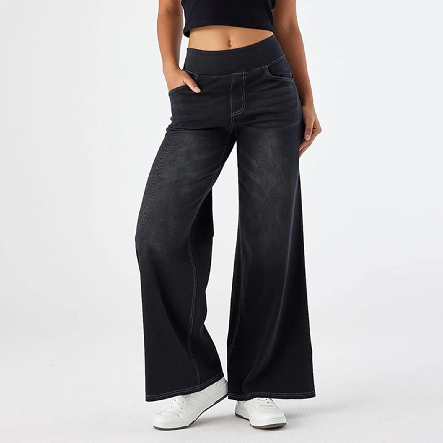 fanmpghleoo Wide Leg Jeans Woman Pull On Elastic Waist Jeans for Women Trendy Boyfriend Jeans Sweatpants That Look Like Jeans