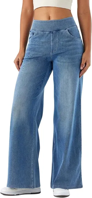 fanmpghleoo Wide Leg Jeans Woman Pull On Elastic Waist Jeans for Women Trendy Boyfriend Jeans Sweatpants That Look Like Jeans