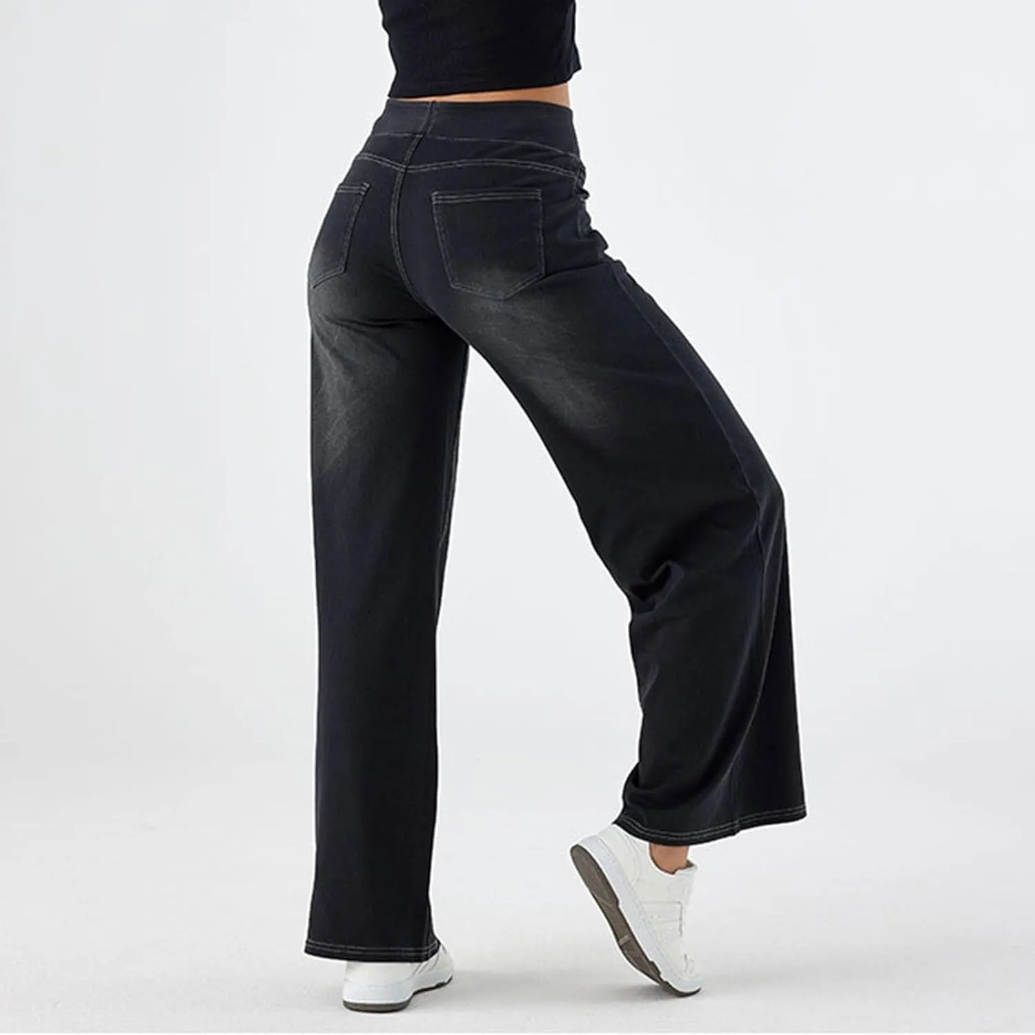 fanmpghleoo Wide Leg Jeans Woman Pull On Elastic Waist Jeans for Women Trendy Boyfriend Jeans Sweatpants That Look Like Jeans
