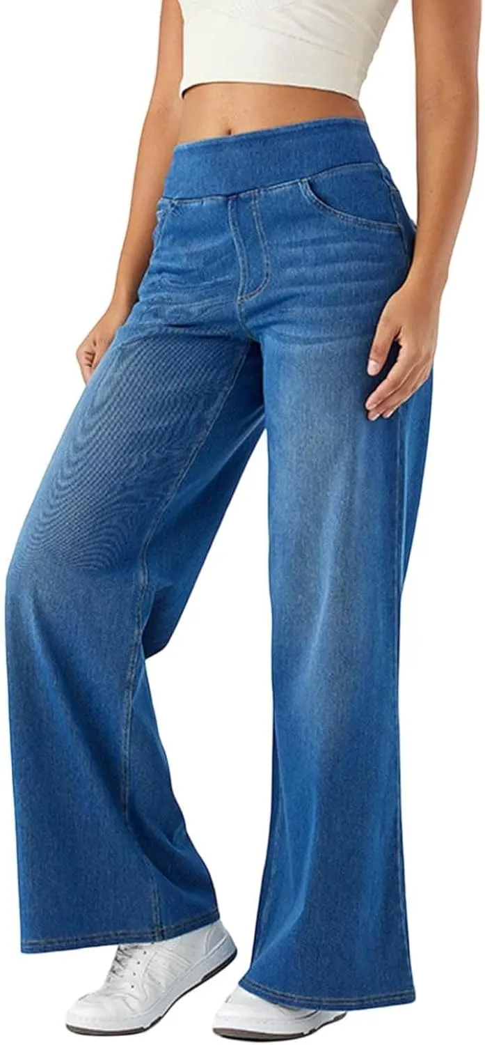 fanmpghleoo Wide Leg Jeans Woman Pull On Elastic Waist Jeans for Women Trendy Boyfriend Jeans Sweatpants That Look Like Jeans