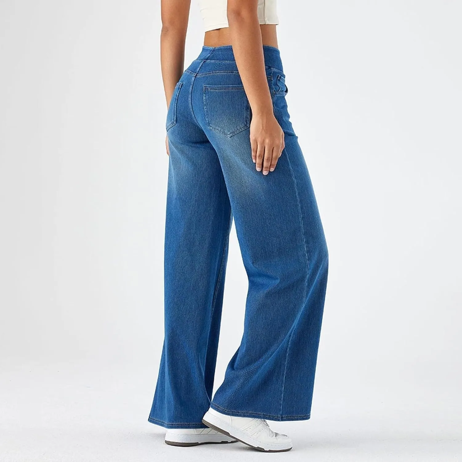 fanmpghleoo Wide Leg Jeans Woman Pull On Elastic Waist Jeans for Women Trendy Boyfriend Jeans Sweatpants That Look Like Jeans