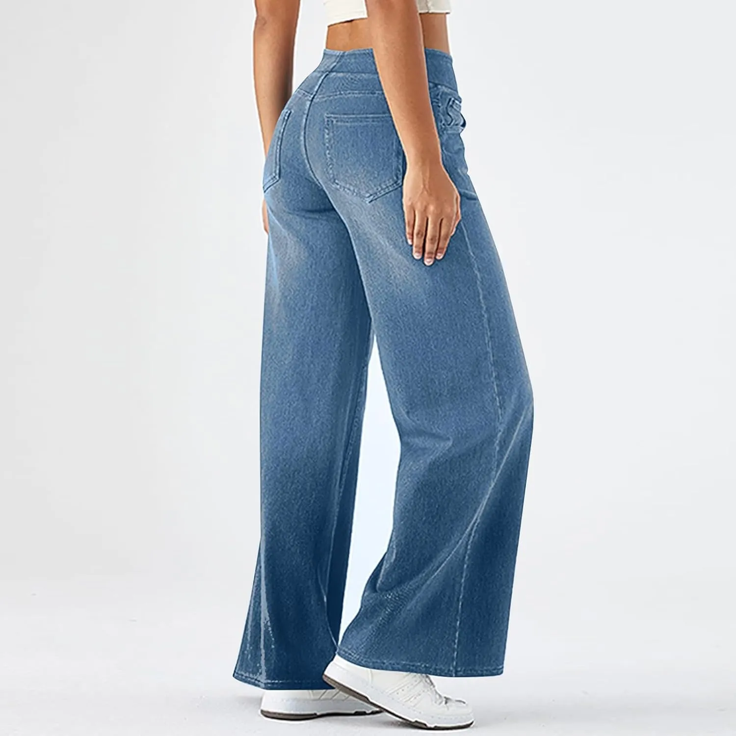 fanmpghleoo Wide Leg Jeans Woman Pull On Elastic Waist Jeans for Women Trendy Boyfriend Jeans Sweatpants That Look Like Jeans