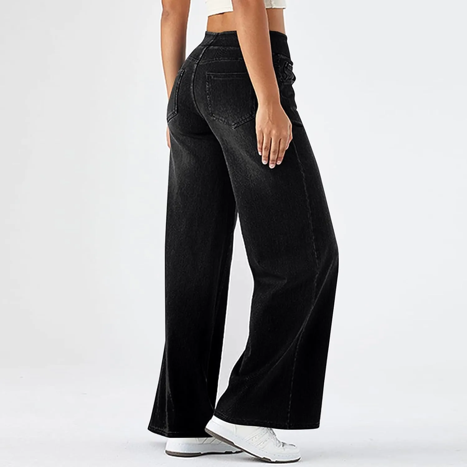 fanmpghleoo Wide Leg Jeans Woman Pull On Elastic Waist Jeans for Women Trendy Boyfriend Jeans Sweatpants That Look Like Jeans