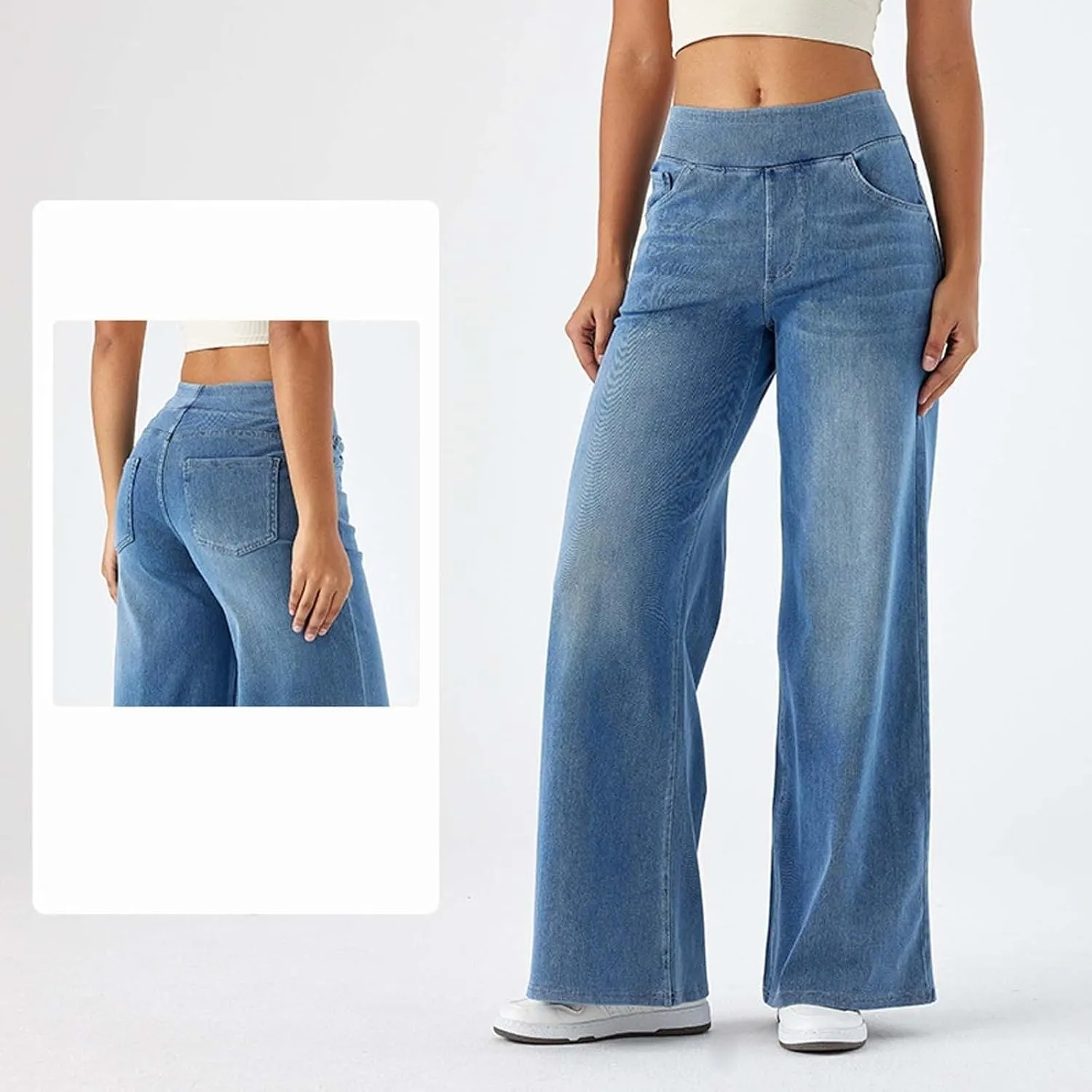 fanmpghleoo Wide Leg Jeans Woman Pull On Elastic Waist Jeans for Women Trendy Boyfriend Jeans Sweatpants That Look Like Jeans