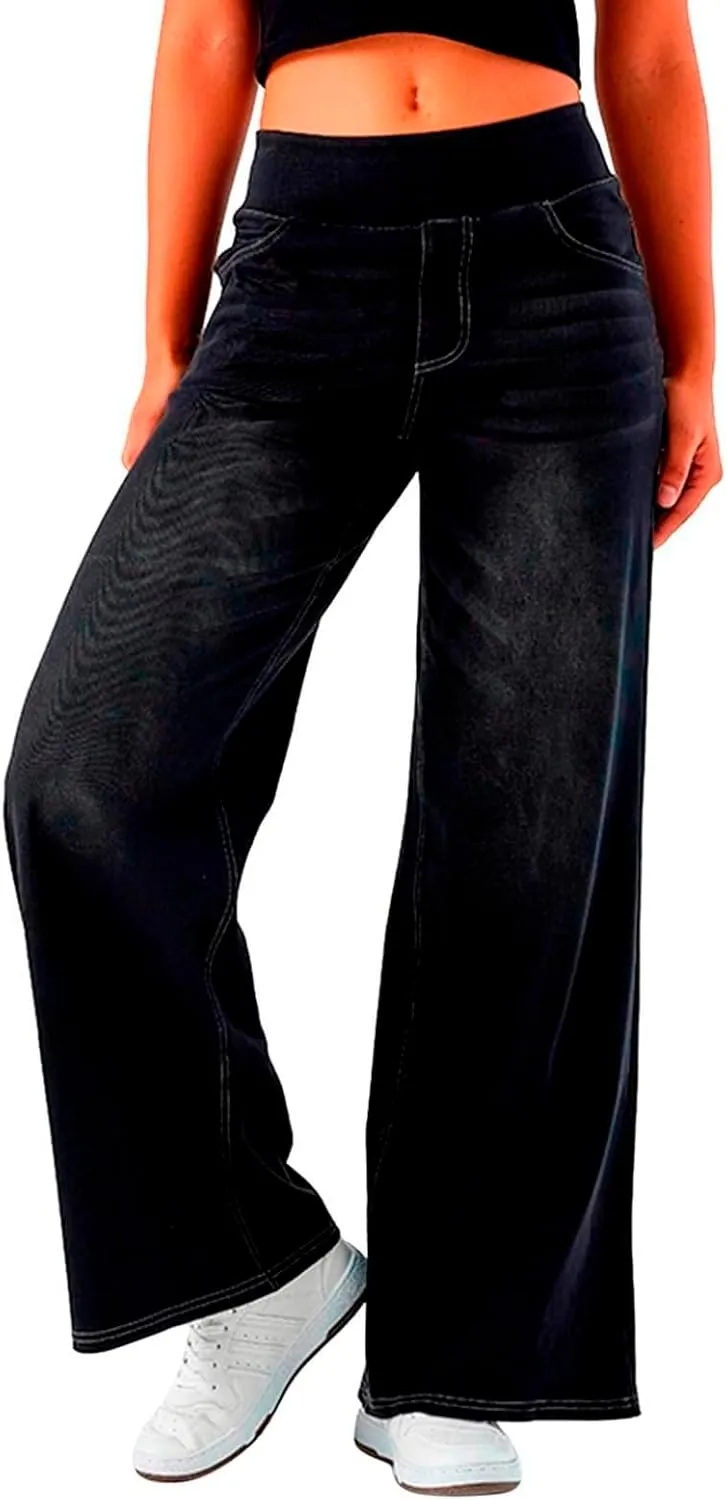 fanmpghleoo Wide Leg Jeans Woman Pull On Elastic Waist Jeans for Women Trendy Boyfriend Jeans Sweatpants That Look Like Jeans