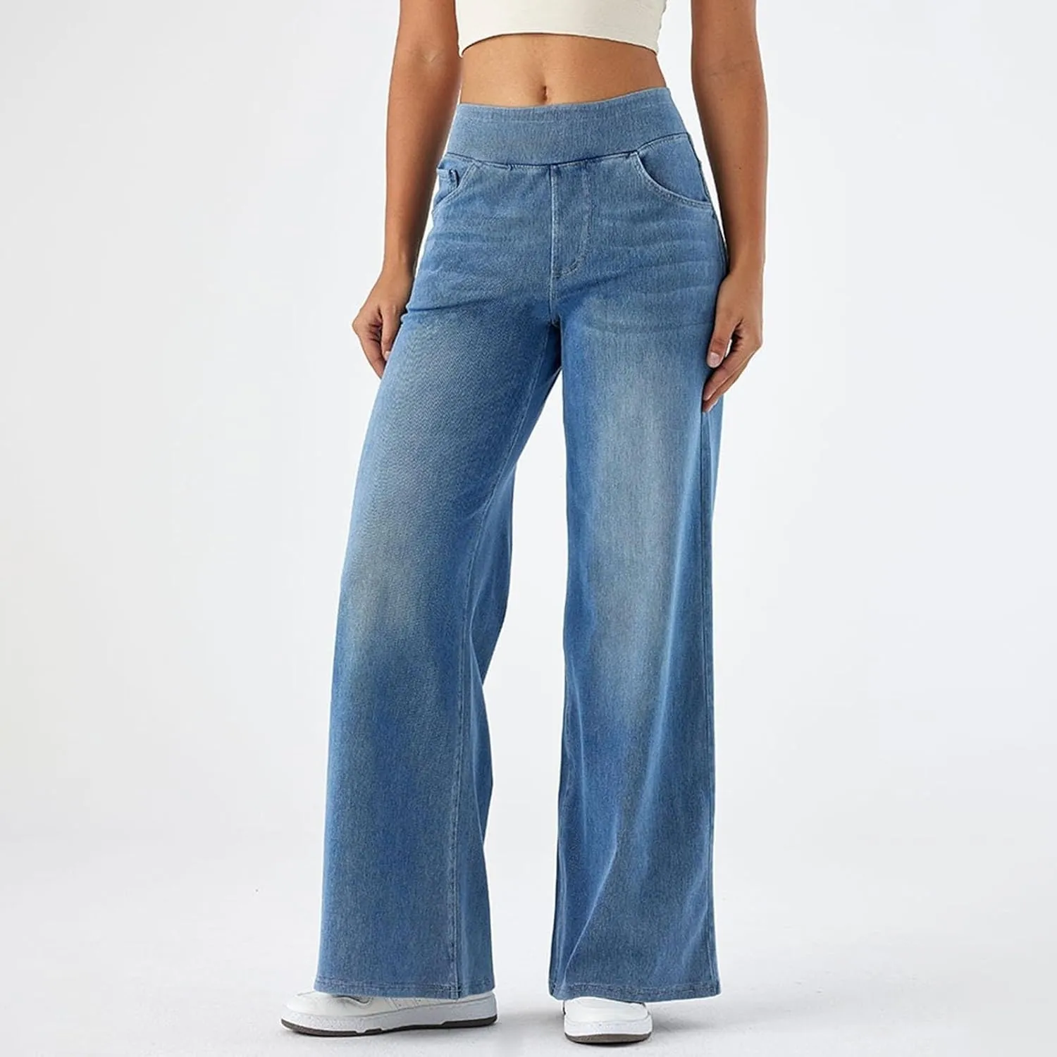fanmpghleoo Wide Leg Jeans Woman Pull On Elastic Waist Jeans for Women Trendy Boyfriend Jeans Sweatpants That Look Like Jeans