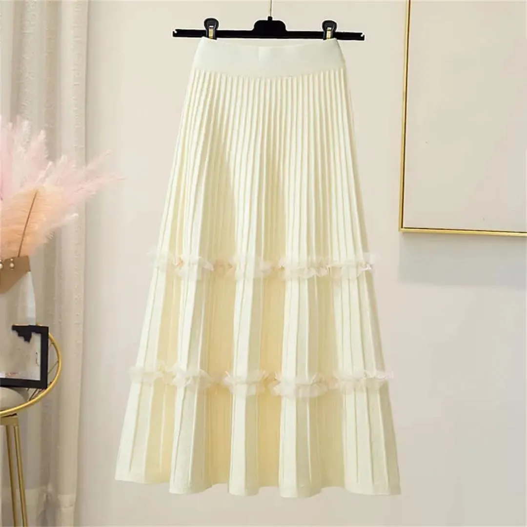 Fashion Autumn Winter Knitted Patchwork Mesh Midi Long Skirt Women Mid-Length High Waist Pleated Skirt
