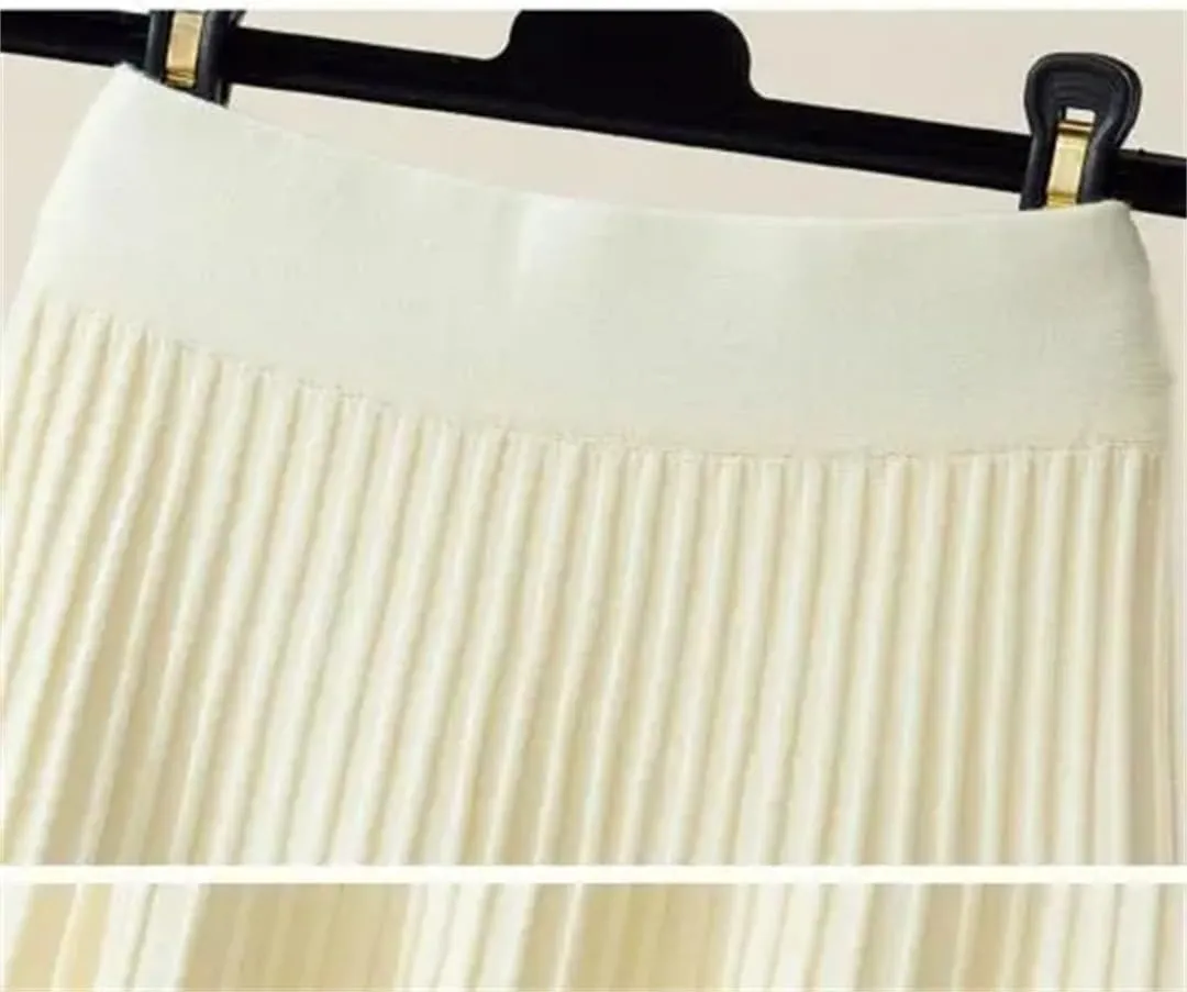 Fashion Autumn Winter Knitted Patchwork Mesh Midi Long Skirt Women Mid-Length High Waist Pleated Skirt