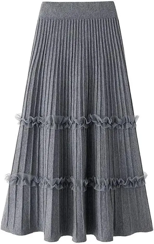 Fashion Autumn Winter Knitted Patchwork Mesh Midi Long Skirt Women Mid-Length High Waist Pleated Skirt