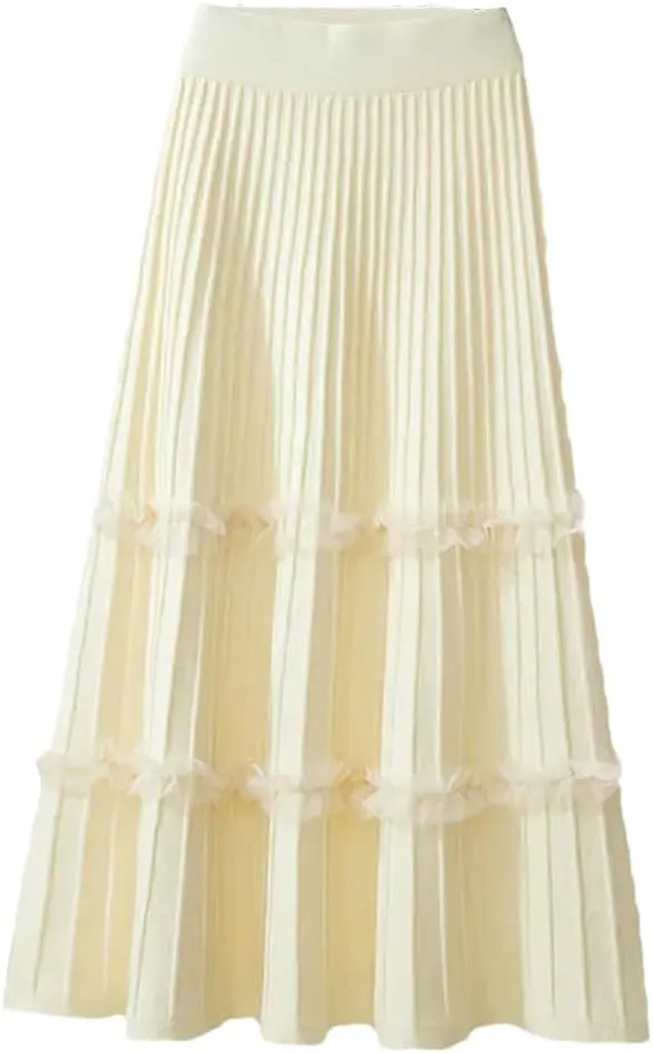 Fashion Autumn Winter Knitted Patchwork Mesh Midi Long Skirt Women Mid-Length High Waist Pleated Skirt