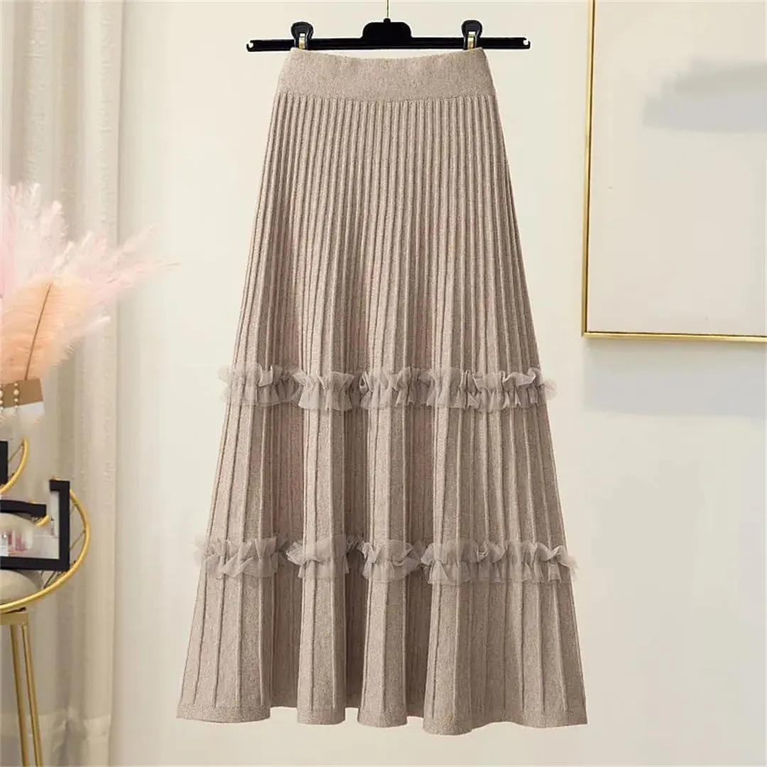 Fashion Autumn Winter Knitted Patchwork Mesh Midi Long Skirt Women Mid-Length High Waist Pleated Skirt