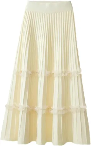 Fashion Autumn Winter Knitted Patchwork Mesh Midi Long Skirt Women Mid-Length High Waist Pleated Skirt