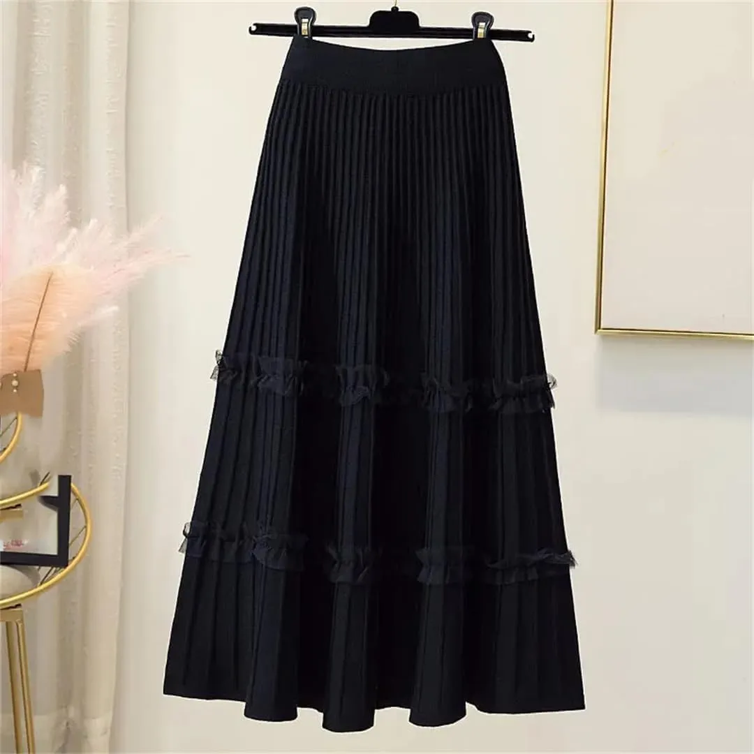 Fashion Autumn Winter Knitted Patchwork Mesh Midi Long Skirt Women Mid-Length High Waist Pleated Skirt