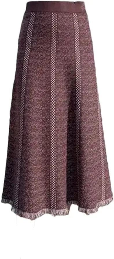 Fjnbbiot Casual Knitted Skirt Women Autumn Winter Fashion Printed A Line High Waist Pleated Midi Skirt