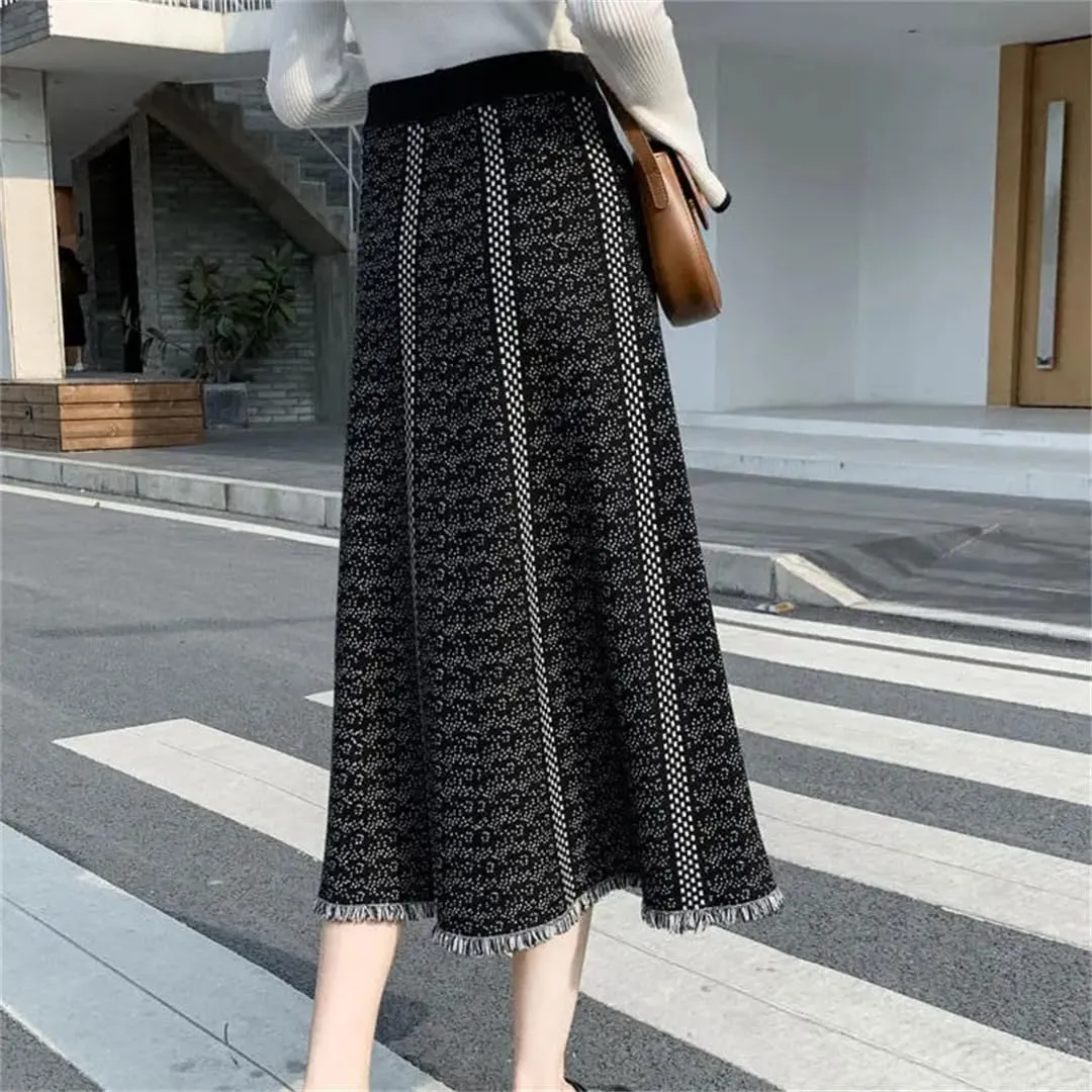 Fjnbbiot Casual Knitted Skirt Women Autumn Winter Fashion Printed A Line High Waist Pleated Midi Skirt