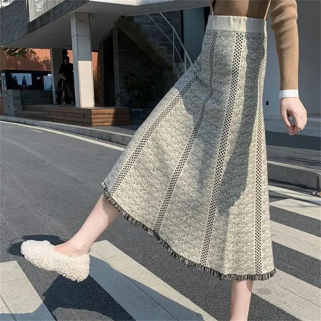 Fjnbbiot Casual Knitted Skirt Women Autumn Winter Fashion Printed A Line High Waist Pleated Midi Skirt