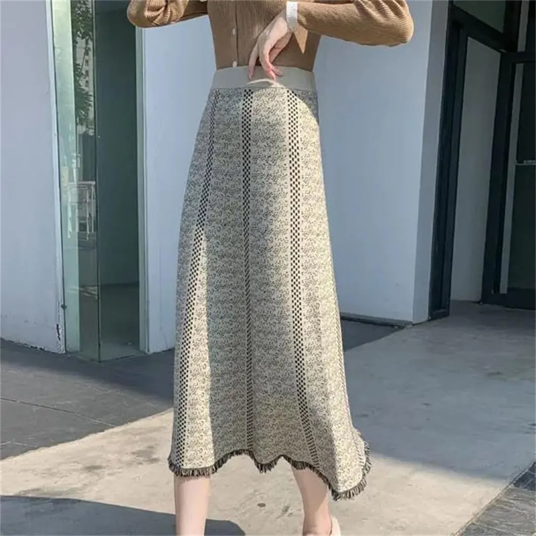 Fjnbbiot Casual Knitted Skirt Women Autumn Winter Fashion Printed A Line High Waist Pleated Midi Skirt