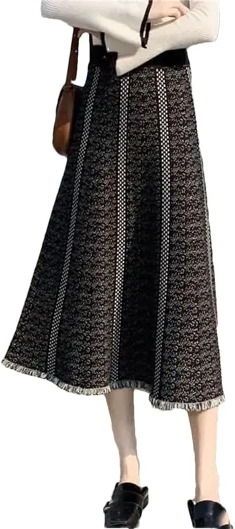 Fjnbbiot Casual Knitted Skirt Women Autumn Winter Fashion Printed A Line High Waist Pleated Midi Skirt