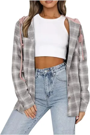 Flannel Hoodies For Women Fall Fashion 2023 Lightweight Shacket Jackets Casual Long Sleeve Button Fown Plaid Shirts