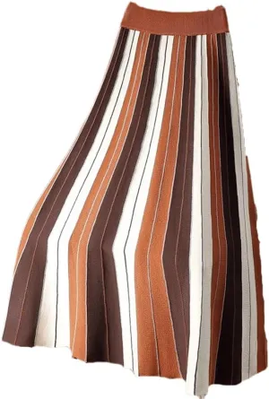 Fnfmrfmr Women Knitted Long Skirt Contrast Striped Print A Line High Waist Pleated Midi Skirt