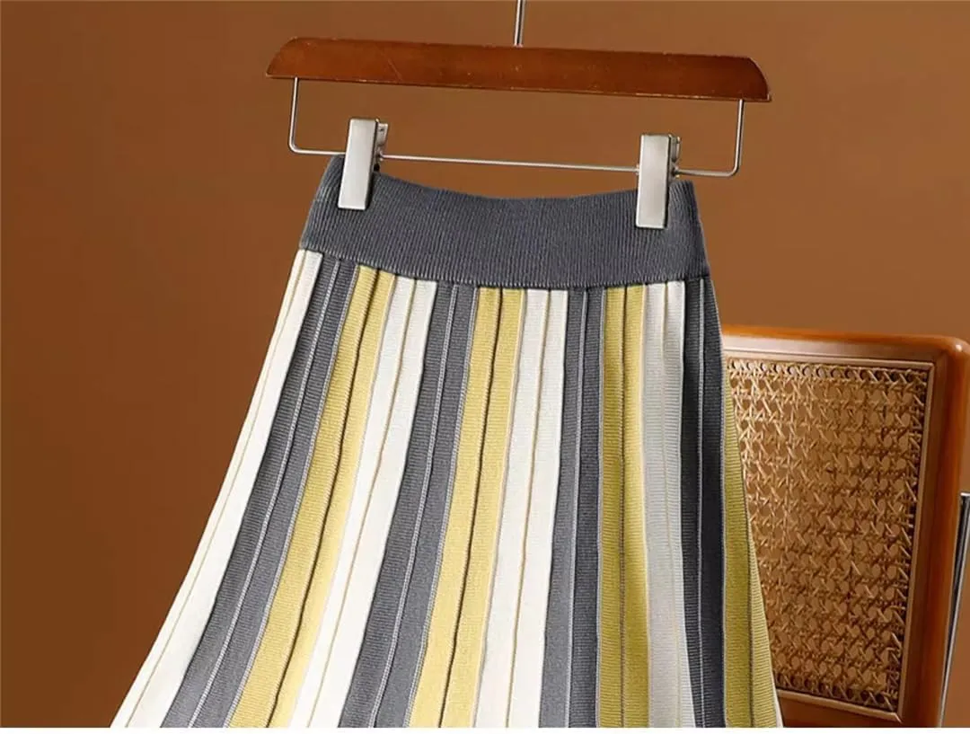 Fnfmrfmr Women Knitted Long Skirt Contrast Striped Print A Line High Waist Pleated Midi Skirt