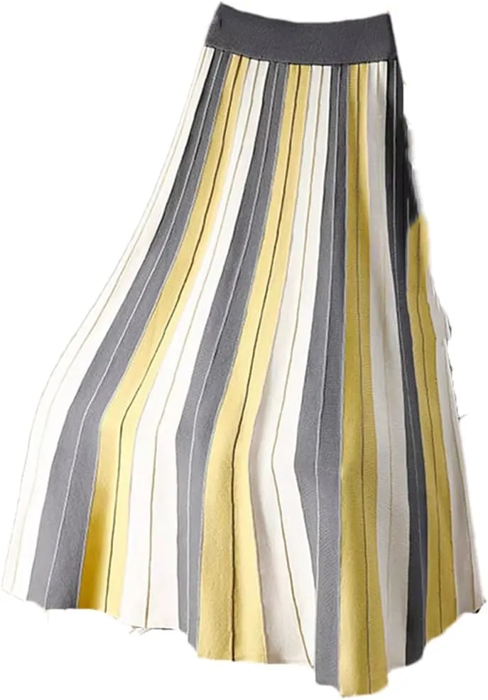 Fnfmrfmr Women Knitted Long Skirt Contrast Striped Print A Line High Waist Pleated Midi Skirt