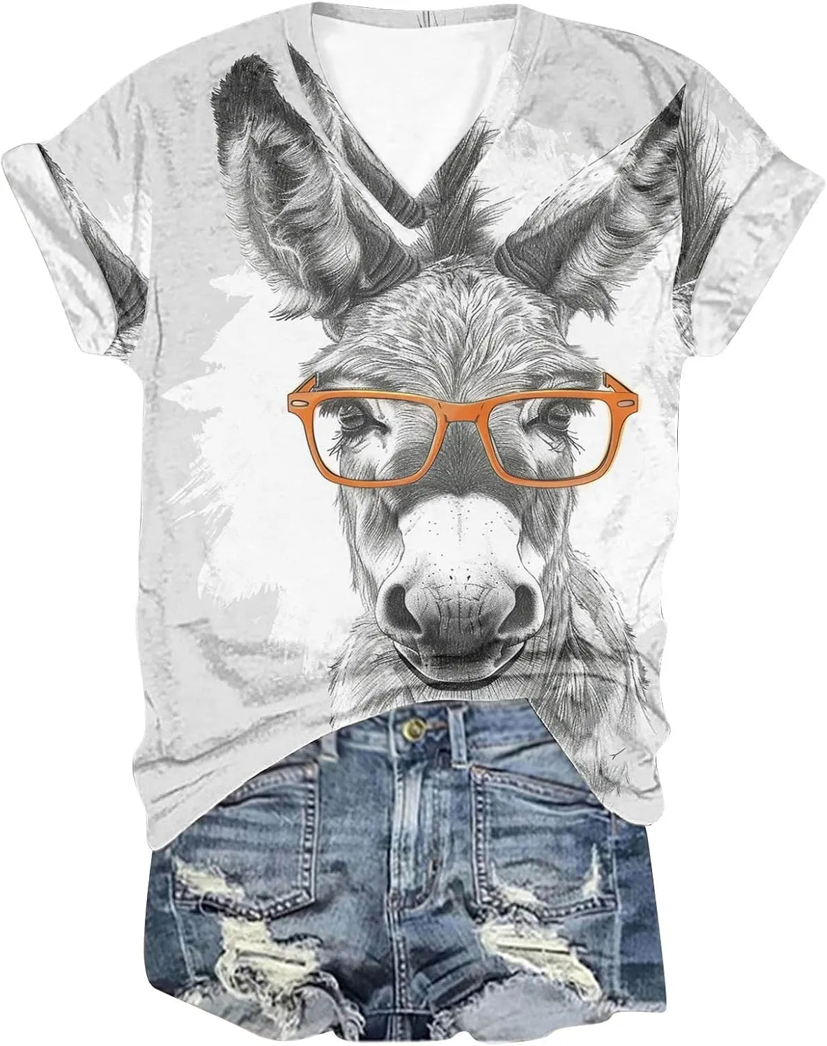 Funny Donkey Animal Graphic Tee Shirt for Women Cute Tops 2024 Summer Plus Size V Neck Short Sleeve Boyfriend Shirt