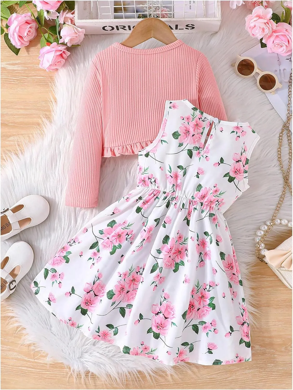GORGLITTER Girl's Floral Print Bow Sleeveless Crew Neck Flowy Summer Easter Mini Dress with Boleros Shrugs Cardigans